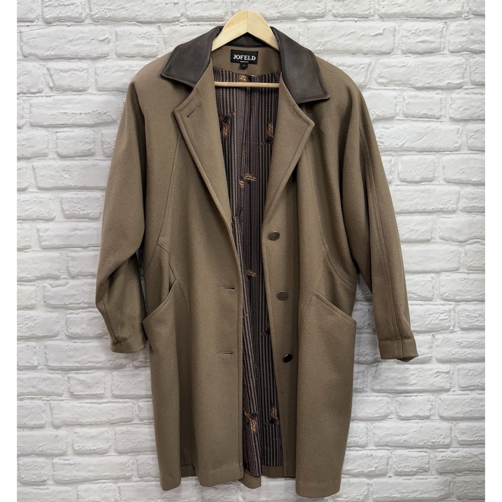 Vintage Jofeld Wool Blend Long Coat Brown Leather Trim Womans Sz M 80's USA Made